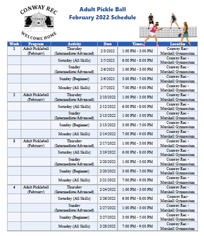 Pickleball Febraury All Session Schedule